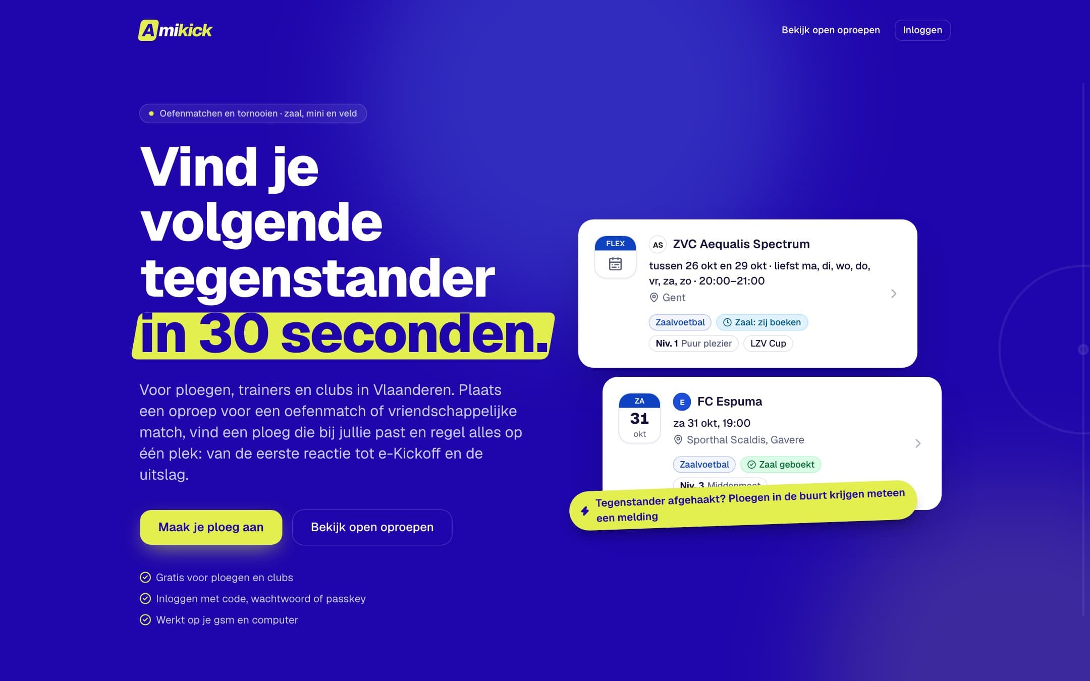 Homepagina van Amikick op desktop, gebouwd door Segdes